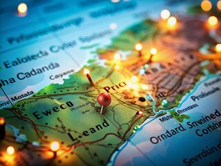 Obraz premium Stunning Bokeh Effect on a Detailed Map of Prince Edward Island, Canada, Highlighting Scenic Landscapes and Tourist Attractions in Vibrant Colors and Soft Focus for Travel Enthusiasts