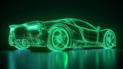 Sport car wireframe model with a green neon glow on a black background 3D render