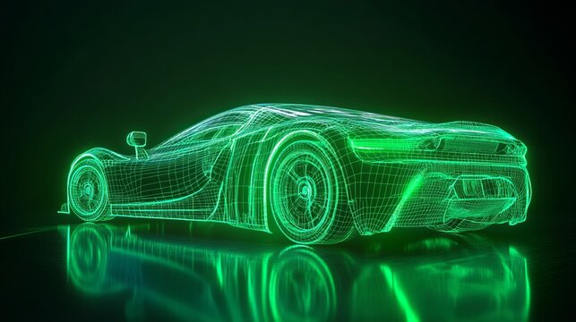 Sport car wireframe model with a green neon glow on a black background 3D render
