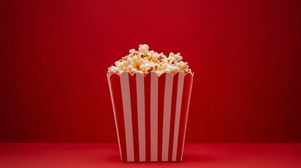 Striped popcorn box set against a red background