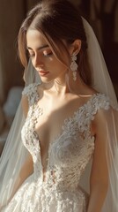 A stunning bride in a white wedding gown gets ready for the nuptials..