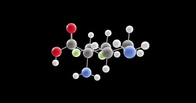 Eflornithine molecule, rotating 3D model of vaniqa, looped video on a black background