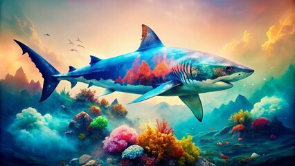 Stunning Double Exposure Photography of a Watercolor Shark Blending with Ocean Waves and Coral Reefs in Vivid Colors for Nature and Marine Life Enthusiasts