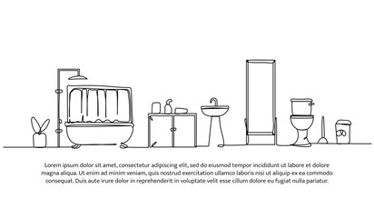 Continuous one line design of bathroom interior. Minimalist style vector illustration on white background.