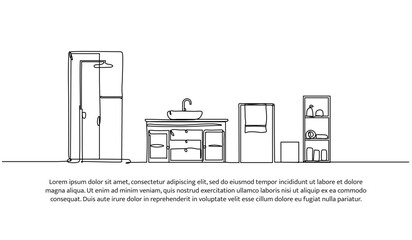 Continuous one line design of bathroom interior. Minimalist style vector illustration on white background.