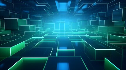 
3d rendering of mind green and blue abstract geometric background. Scene for advertising, technology, showcase, banner, game, sport, cosmetic, business, metaverse. Sci-Fi Illustration. Product displa