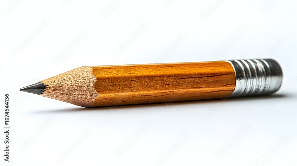 Poster close-up shot of a single sharp yellow pencil made of natural wood material against a plain white ba
