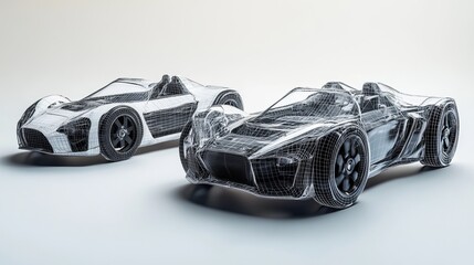 Two variants of a sports car design one in wireframe and the other in transparent model view