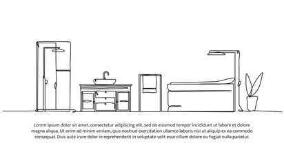 Continuous one line design of bathroom interior. Minimalist style vector illustration on white background.