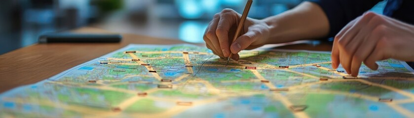 Hands marking emergency exits on office map in boardroom, high-detail photorealistic evacuation planning