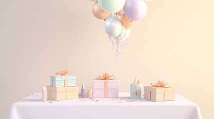 A minimalistic birthday table mockup with a simple white tablecloth, neatly stacked pastel-colored gift boxes with ribbons, and a bundle of balloons floating above the table, 