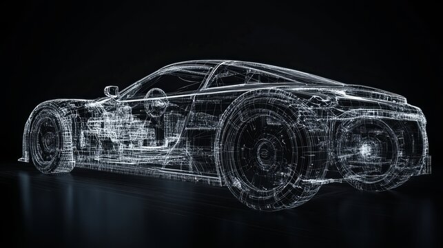 Wireframe model of a modern car with a hightech user interface in a dark environment front view 3D illustration - Powered by Adobe