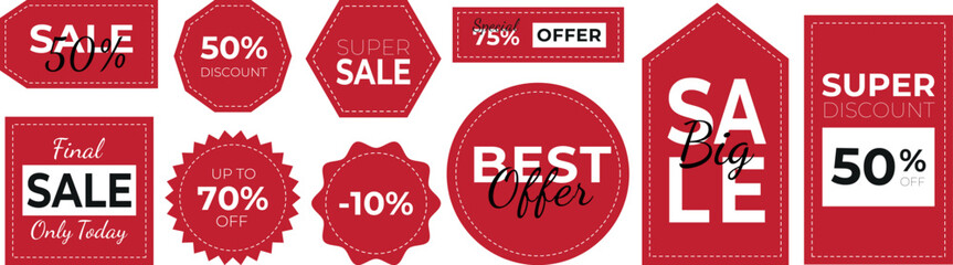 Set of Red Sale Tags and Labels in simple flat style. Vector Illustration of badges with embroidery and modern trendy fonts. Stickers Template for Shopping, web, marketing. 