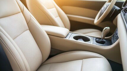 Obraz premium Beige leather car seats with center console and cup holders