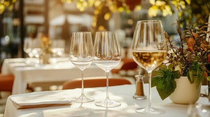 Elegant outdoor dining setup with wine glasses and flowers at a sunny caf&eacute; in the afternoon