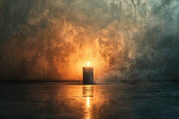 Obraz premium A Single Candle Burning in a Smoky and Grungy Setting