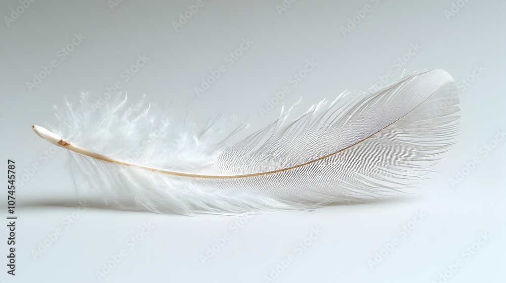 Poster close-up view of a single soft,white feather gracefully floating and suspended in the air against a 