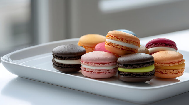 tray of colorful macaron cookies with cream filling inside.