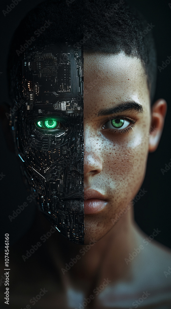 Poster A person's face, split vertically in half, showing a robotic side with circuitry and a glowing green eye, and a human side with freckles and a serious expression