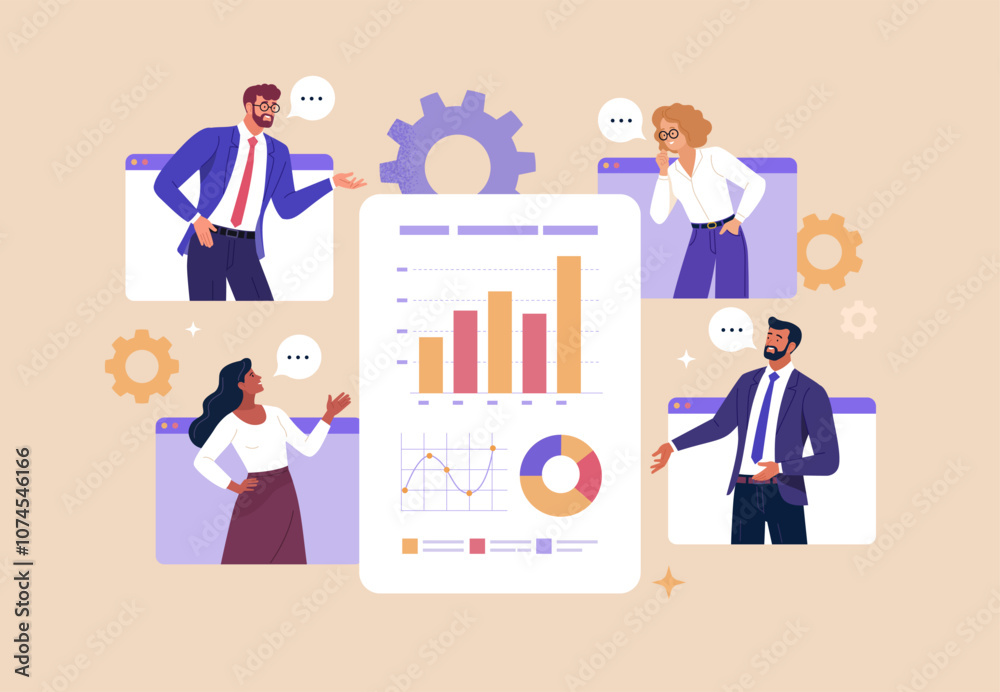 Poster Online Business Analytics Concept. Vector illustration of diverse people in web page windows discussing statistical graphs. Isolated on background