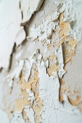 A close-up shot of peeling paint on a wall, with cracks and chips visible