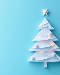 Obraz premium Creative and Minimalist Paper Christmas Tree with White Decorations and Lights Against a Bright Blue Background for Holiday Celebrations and Festive Cheer