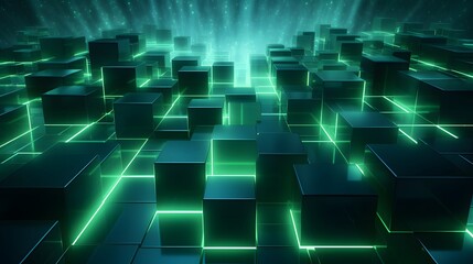 Obraz premium 3d rendering of mind green and blue abstract geometric background. Scene for advertising, technology, showcase, banner, game, sport, cosmetic, business, metaverse. Sci-Fi Illustration. Product displa