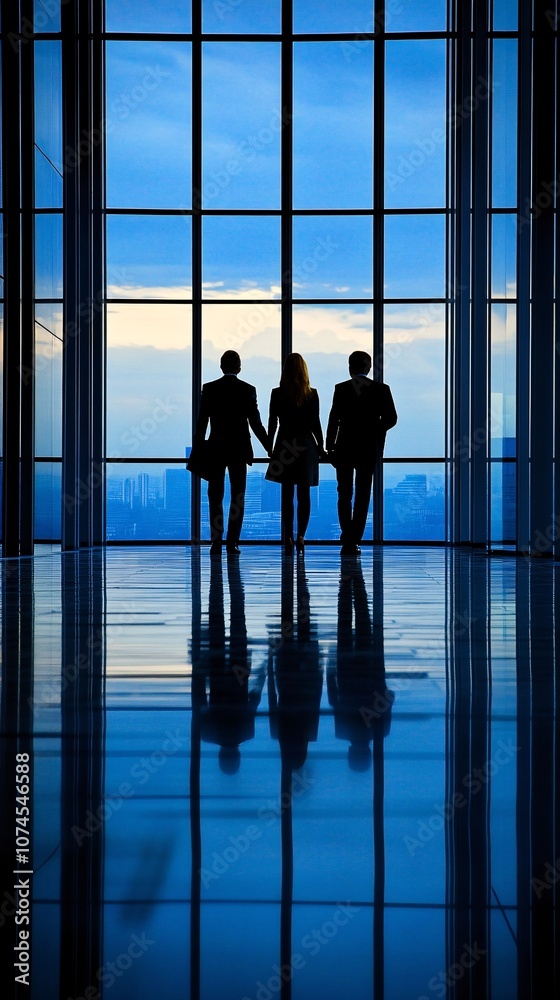 Fototapete A business team in a video conference with colleagues displayed on a large screen symbolizing remote teamwork and modern work environments with side empty space for text Stockphoto style