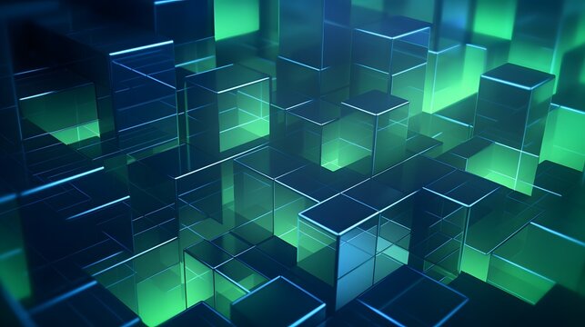 
3d rendering of mind green and blue abstract geometric background. Scene for advertising, technology, showcase, banner, game, sport, cosmetic, business, metaverse. Sci-Fi Illustration. Product displa