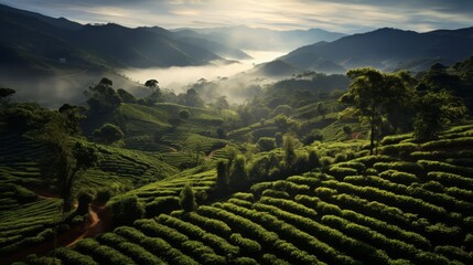 Lush coffee plantation on a foggy morning