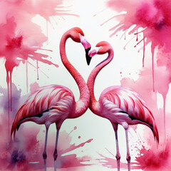 pink flamingos in water. Valentine day card. love concept