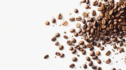 Scattering coffee beans on a white background