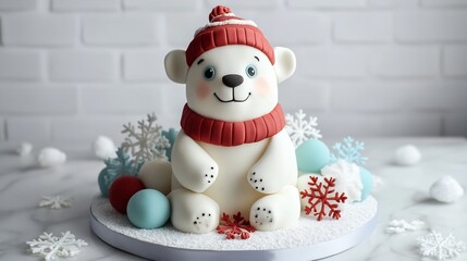 Fototapeta premium Whimsical 3D polar bear cake decorated with a cozy winter hat scarf and surrounded by festive snowflakes perfect for Christmas birthday or other winter