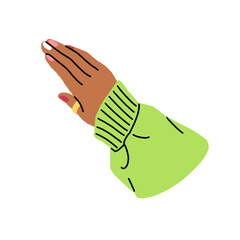 Female hand with bright manicure and in green sweater. Woman with golden jewelry, ring on finger. Girl has colourful nails. Beauty and skin care. Flat isolated vector illustration on white background
