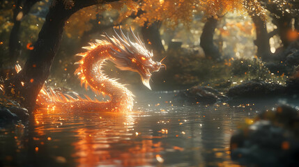 Golden Dragon in Autumn Forest Illustration