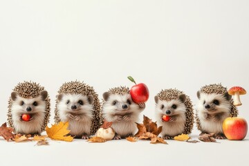 A group of hedgehogs sit next to an apple, a great image for nature or food related content