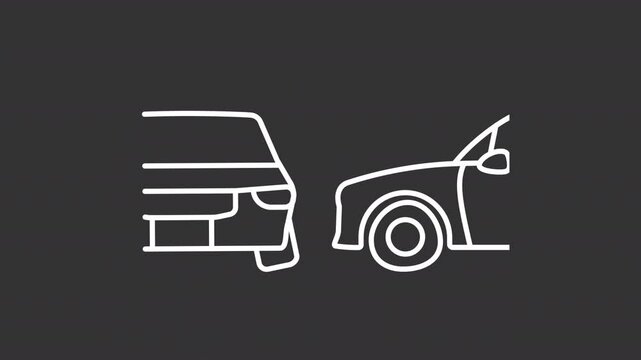 Side collision white line animation. Animated crash scene icon. Damaged vehicles. Car accident concept. Isolated illustration on dark background. Transition alpha video. Motion graphic