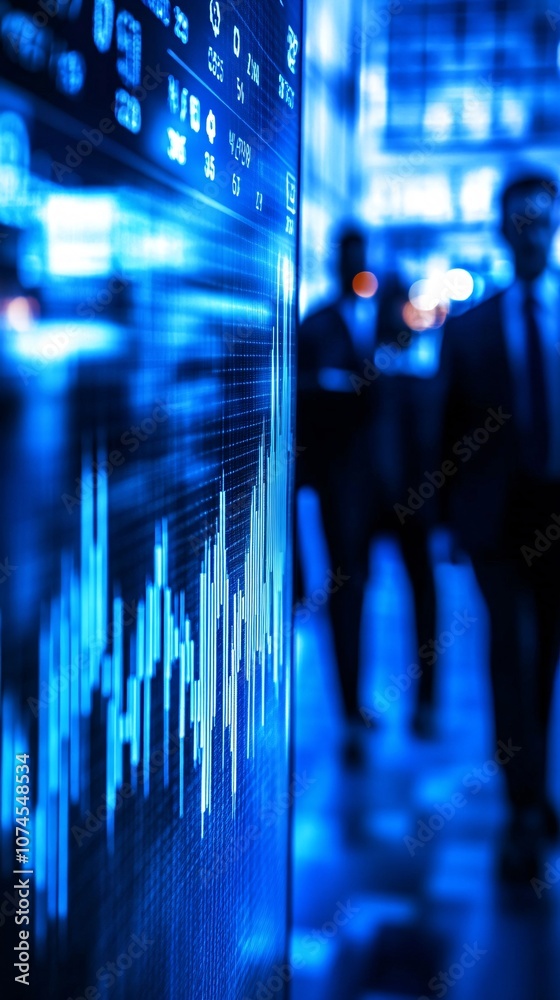 Poster A diverse team giving a presentation to their CEO with a sleek digital screen showing financial reports symbolizing business growth with side empty space for text Stockphoto style