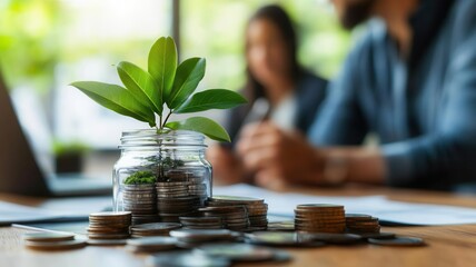 Financial consultant explaining sustainability-focused investments, client listening, photorealistic clarity