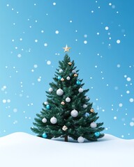 Obraz premium Festive Christmas Tree Decorated with Shiny Ornaments Standing in a Snowy Landscape Under a Bright Blue Sky with Falling Snowflakes