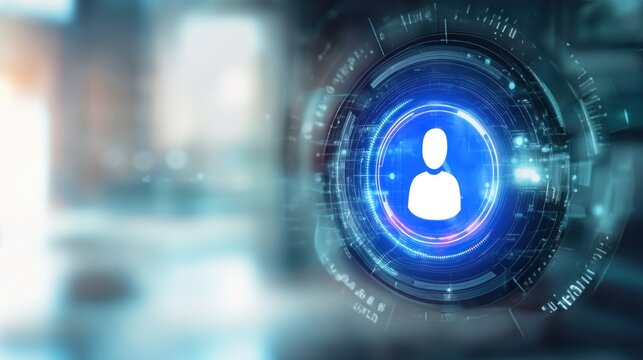Futuristic virtual human icon on a blurred background, online audience targeting, retargeting technology, digital marketing, retargeting ads
