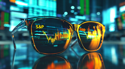 A pair of sunglasses reflects a stock market chart with the S&P 500 index in the background