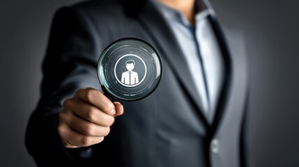 Businessman holds magnifying glass with target and customer profile on virtual screen, digital targeting, customer focus, online reach, retargeting ads