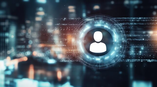 Human icons on circular hologram with blurred cityscape background, digital audience targeting concept, online engagement, retargeting ads