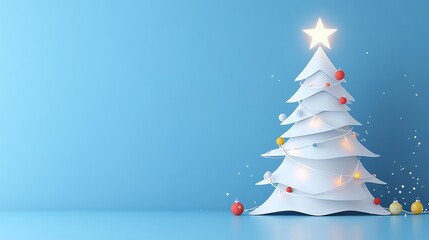 Festive Minimalist Paper Christmas Tree Decoration with Star and Ornaments Against a Soft Blue Background for Holiday Celebrations and Seasonal Decor