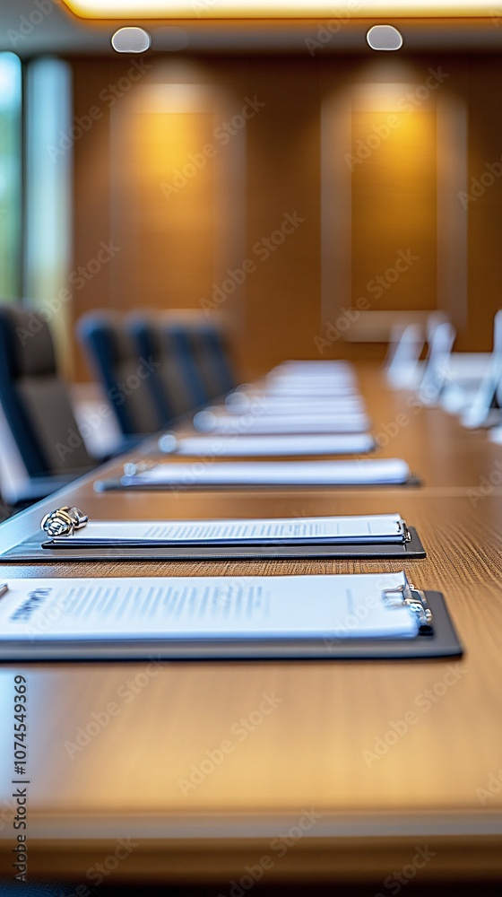 Aufkleber A group of executives in a formal boardroom conducting a strategic planning session around a long table with documents and laptops with side empty space for text Stockphoto style