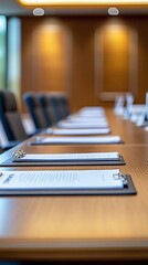 A group of executives in a formal boardroom conducting a strategic planning session around a long table with documents and laptops with side empty space for text Stockphoto style