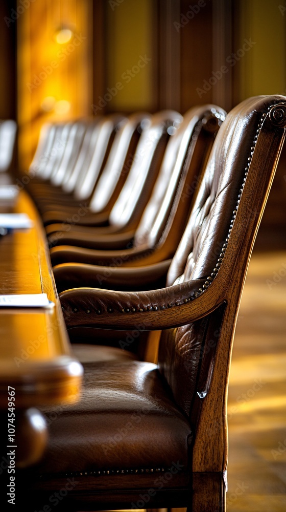 Aufkleber A group of executives in a formal boardroom conducting a strategic planning session around a long table with documents and laptops with side empty space for text Stockphoto style