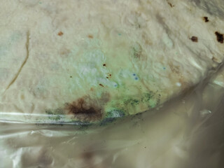 Mold on pita bread in packaging. Expired shelf life of baked goods, bread products. Background. Spoiled food products in the store concept.