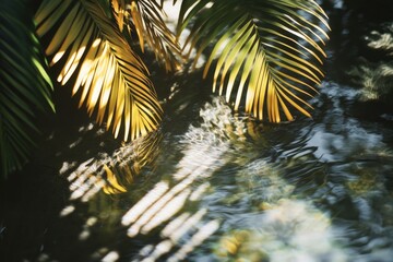 A palm tree with lit up leaves, illuminated by the warm sunlight